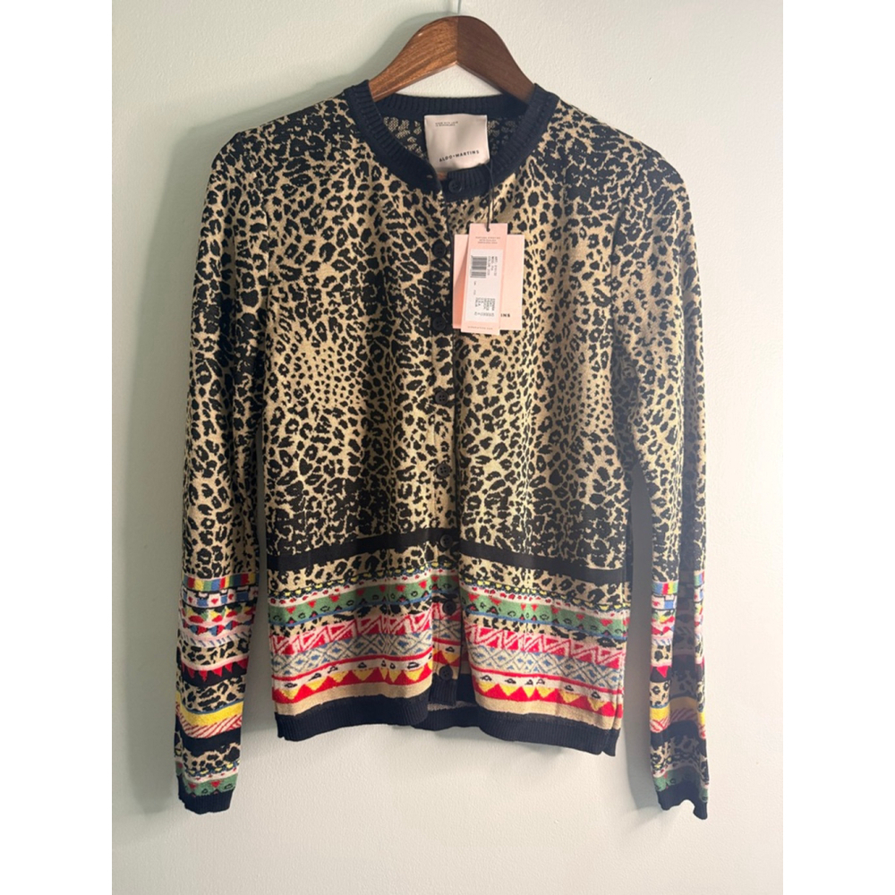 Aldomartins Leopard Print Cardigan Sweater Multicolor Trim NWT Women’s 6 / EU 40